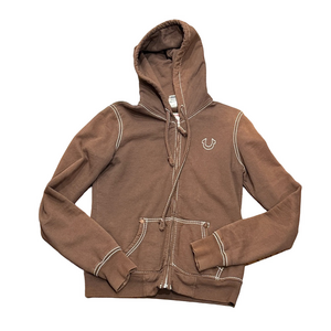 True Religion Brown Full Zip Embroidered Hoodie | Size Large